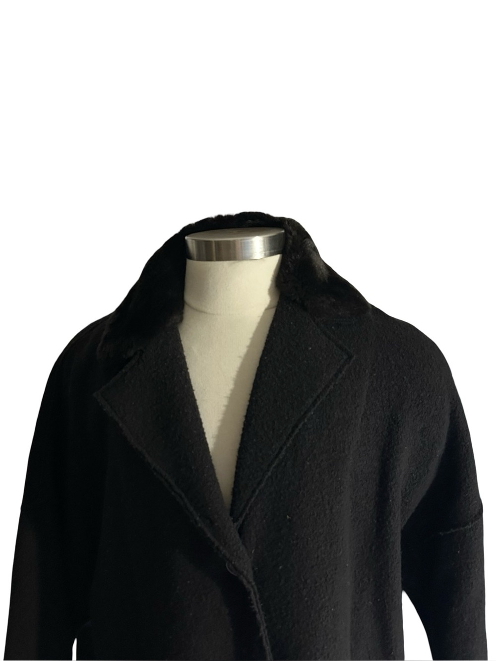 Vtg 80s Mondi Italy Boiled Merino Wool Longline Faux Fur Over Coat Duster Sz L